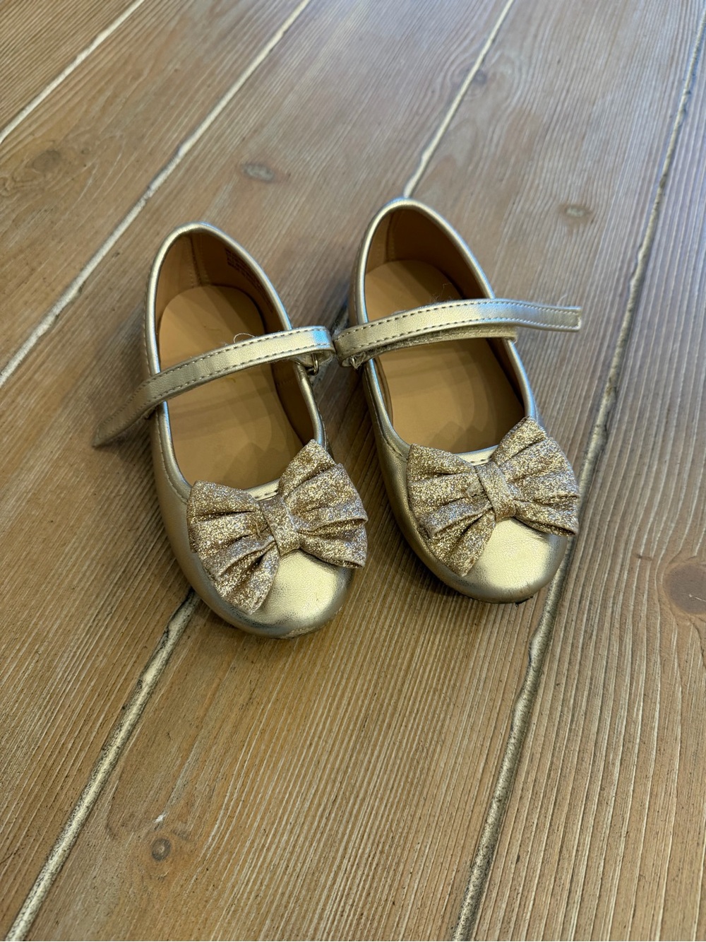 Sugar Metallic Gold Mary Jane Shoes with Glitter Bow Accent